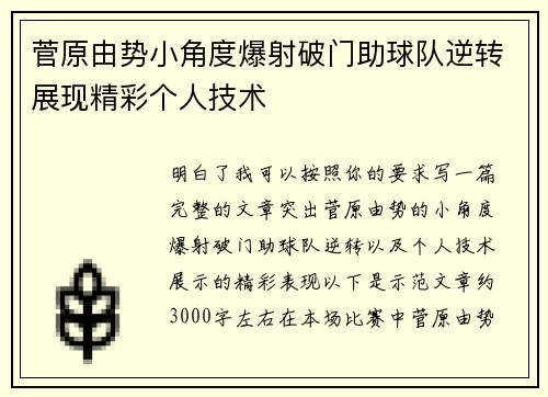 菅原由势小角度爆射破门助球队逆转展现精彩个人技术 菅原由势小角度爆射破门助球队逆转展现精彩个人技术